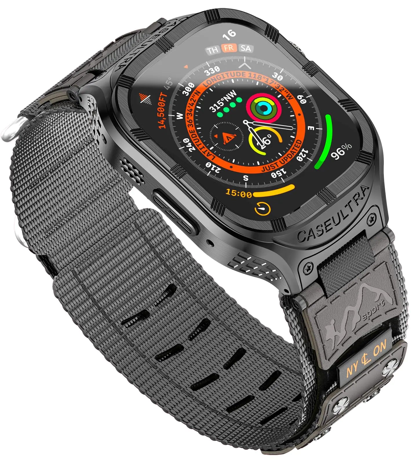 Caseultra Stainless Steel Case with Band Compatible With Apple Watch Ultra 2/1 Band (49mm)Rugged Sport Nylon Strap for iWatch Band MenBlack