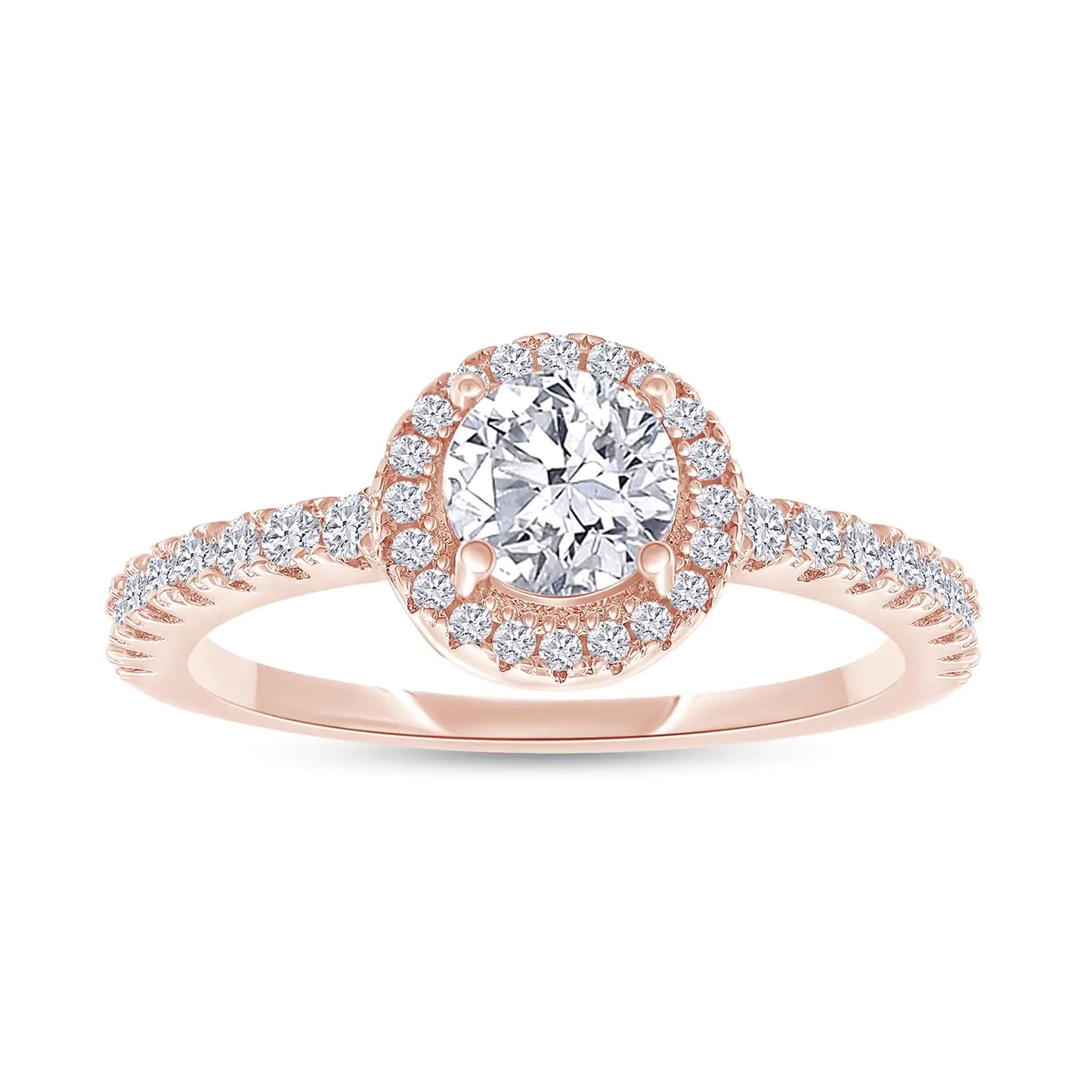 SAVEARTH DIAMONDS 18K Rose Gold Plated Halo Ring | Center 5MM Moissanite Diamond Ring for Women | Round Engagement Promise Rings for Her (0.70 Ctw) Ring Size-8