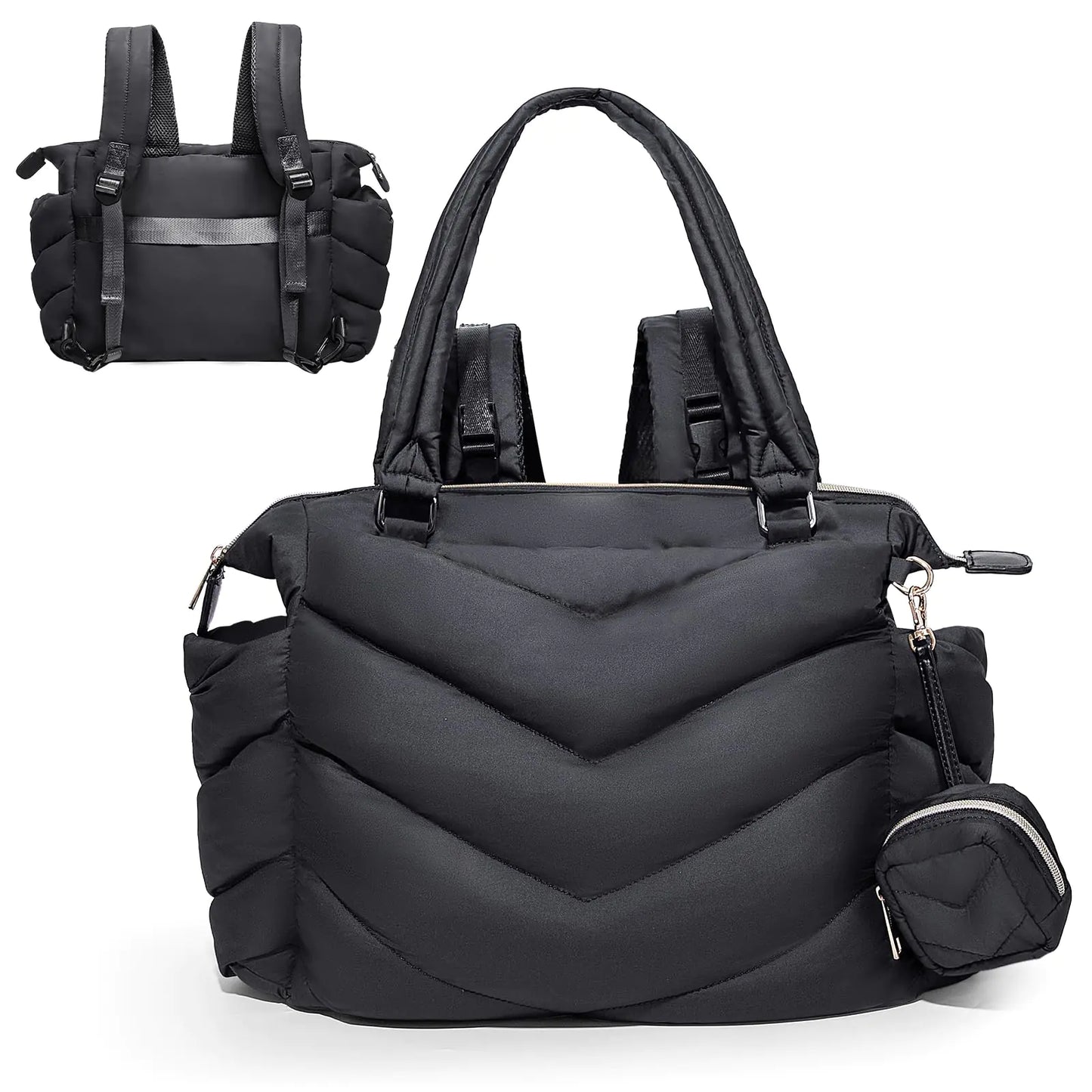 ILCOLPO Diaper Bag Tote Diaper Bag Backpack with Pacifier Case Lightweight Mommy Bag for HospitalPuffer Tote Bag Puffy Bag with 10 Pockets Convertible Baby Bag for Travel Black