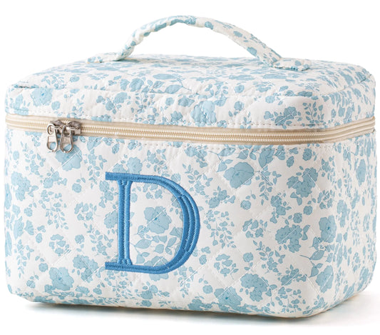 HBselect Initial Makeup Bag Quilted Makeup Bag Cotton Large Travel Makeup Bag Cute Floral Coquette Make up Bag Cosmetic Bag Toiletry Bag for Women Girls D