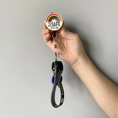 Retractable ABS Bag Charm with Rainbow Metal Brooch