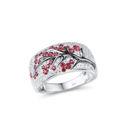 Santuzza 925 Sterling Silver Cherry Ring Created Ruby Cubic Zirconia Tree Branches Ring for Women (8.5)