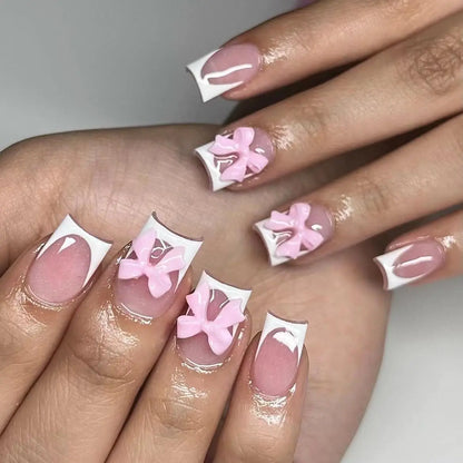French Tip Press on Nails Short Square Fake Nails Pink False Nails with Pink Bow Charms Design Glue on Nails Full Cover Stick on Nails Cute Acrylic Nails Artificial Nails for Women Manicure 24Pcs