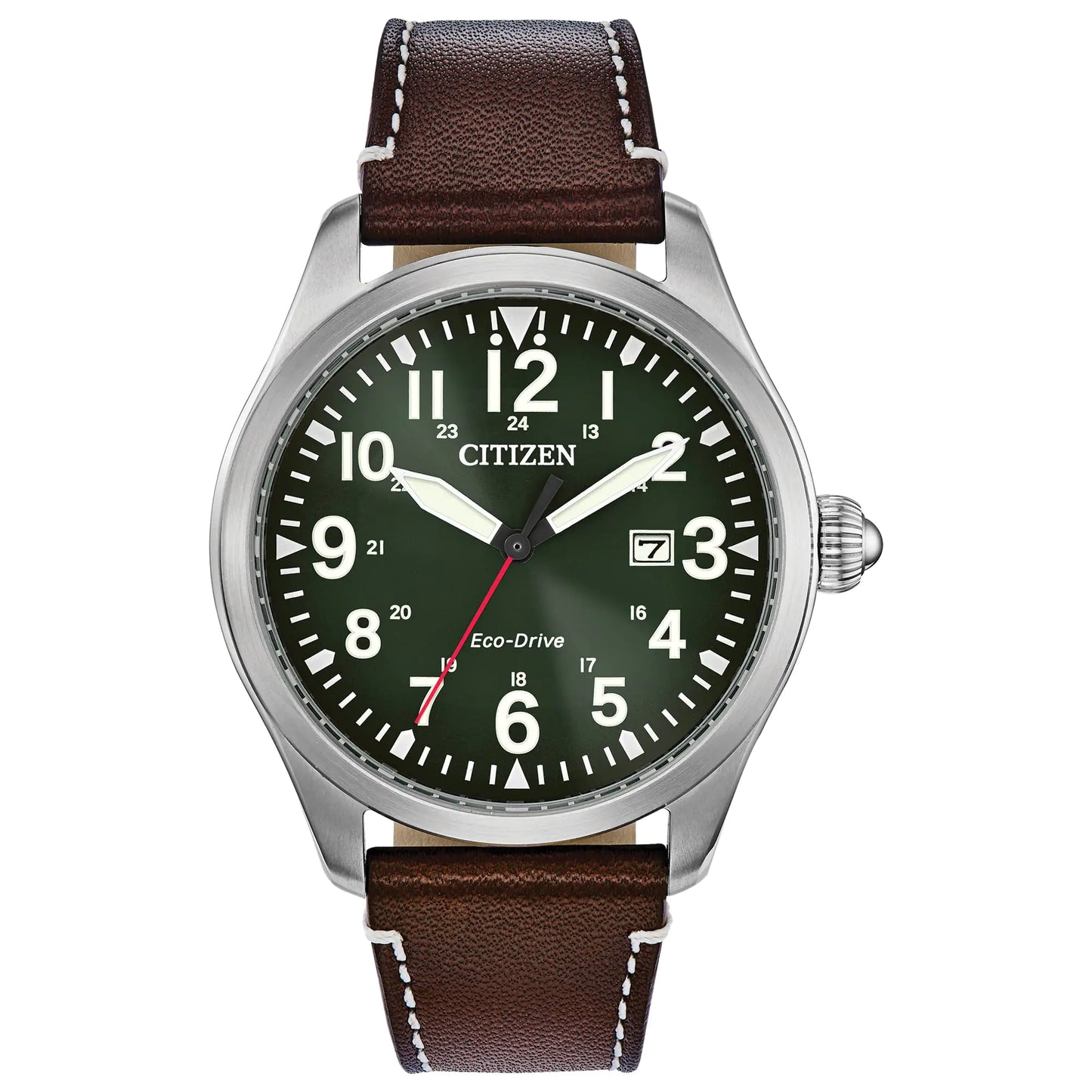 Citizen Mens Eco-Drive Weekender Garrison Field Watch in Stainless Steel with Brown Leather strap Green Dial (Model: BM6838-09X)