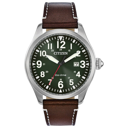 Citizen Mens Eco-Drive Weekender Garrison Field Watch in Stainless Steel with Brown Leather strap Green Dial (Model: BM6838-09X)