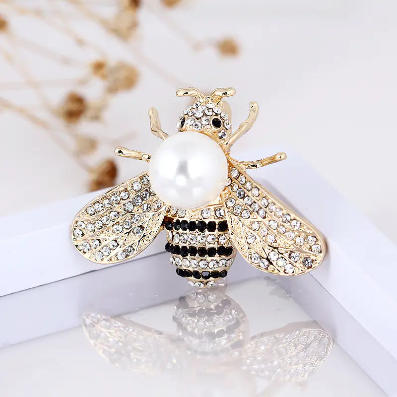 Shiny Bee Brooch with Large Faux Pearl - Unique Jewelry