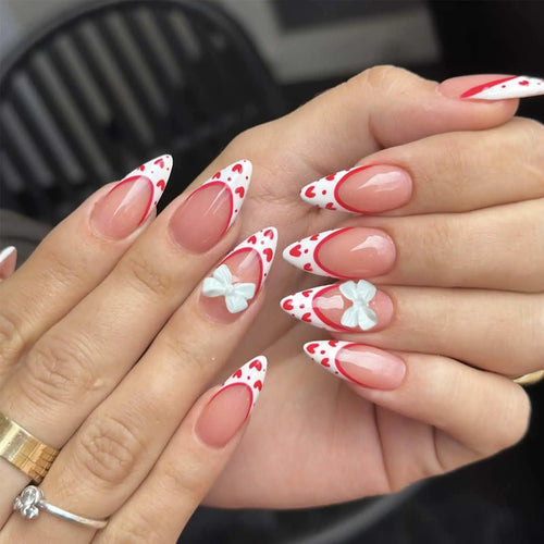 Medium Almond Press on Nails Valentine’s Day Fake Nails Heart with Bow Design French Tip False Nails Acrylic Nails Full Cover Artificial Nails Glossy Glue on Nails Stick on Nails for Women 24Pcs