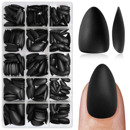 LuckForever 420pc Almond Press on Nails Short Fake Nails with Adhesive Tabs Short Press on Nails Almond Glue on Nails Black Acrylic Nails Press ons False Nails Women XS Stiletto Artificial Nails
