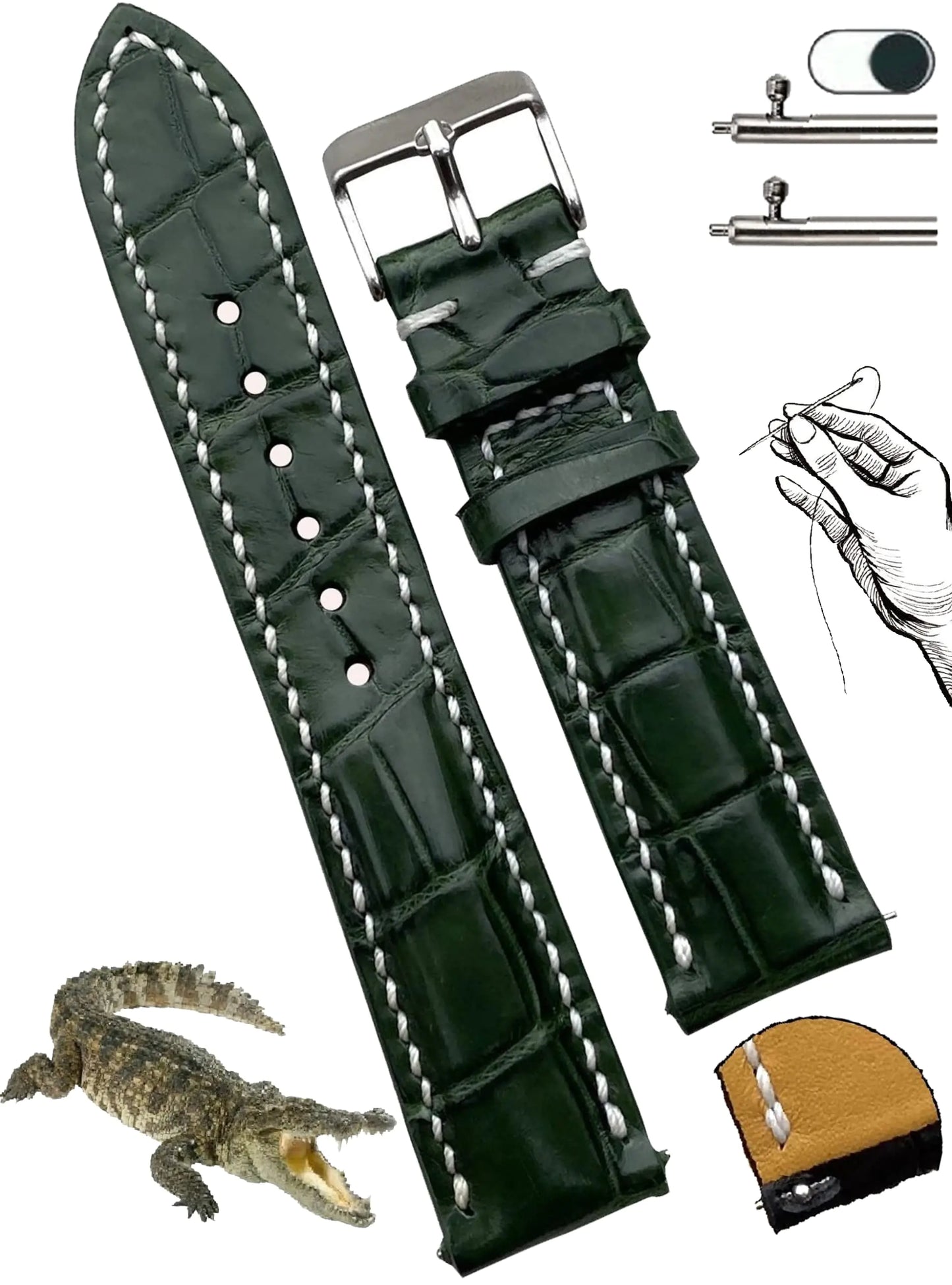 vinacreations 20mm Green Alligator Belly Leather Watch Band Hand Stitching Men Quick Release Crocodile Exotic Replacement Wristwatch Strap Premium Handmade DH-158-20MM
