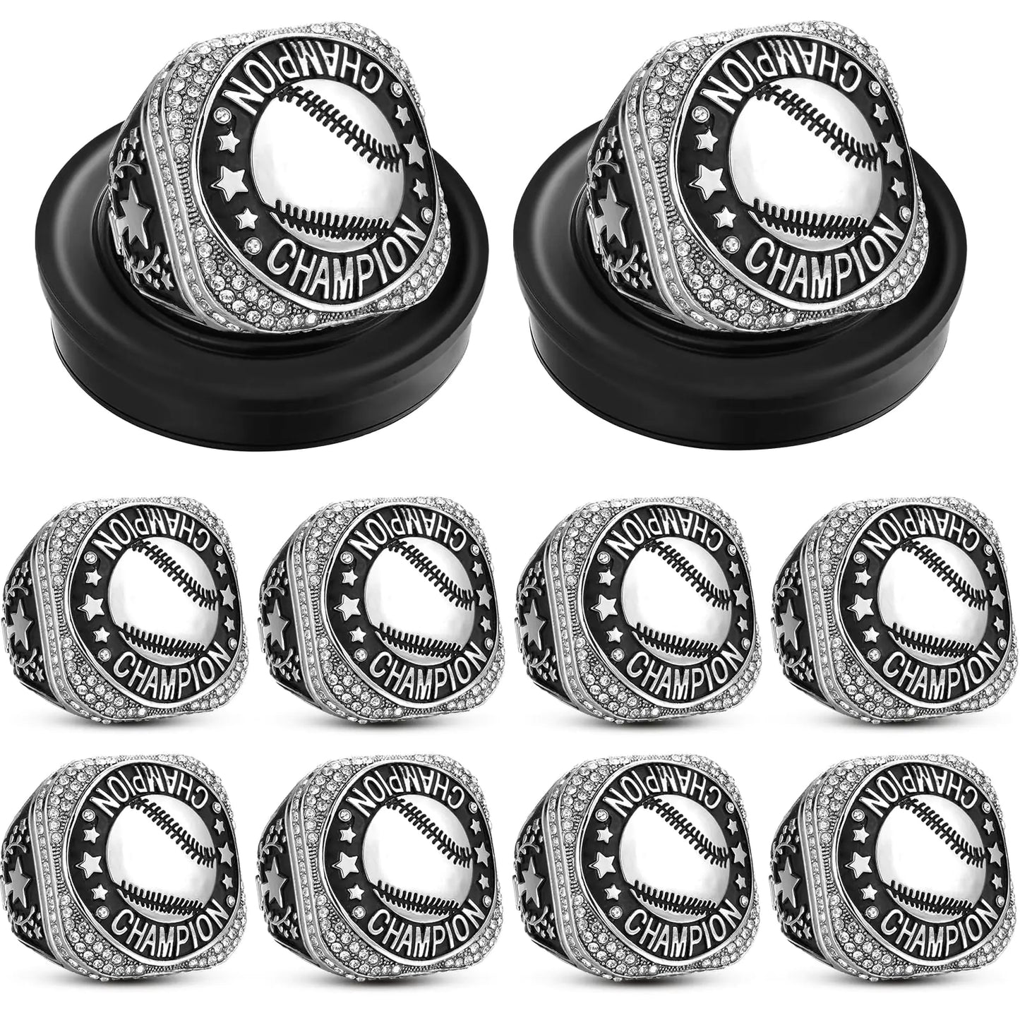 Highergo 10 Pcs Basketball Football Baseball Championship Rings with Display Neck Chain and Stand Bowling MVP Soccer Volleyball Champion Trophy Rings for Tournament Award Gift(SilverBaseball)