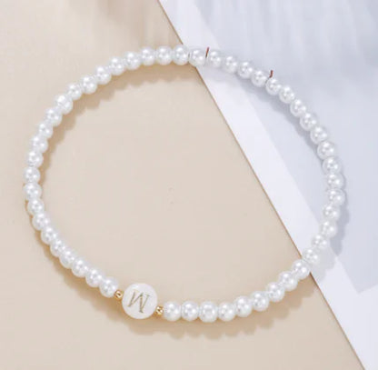 Dainty Faux Pearl Bead Initial Bracelet for Women