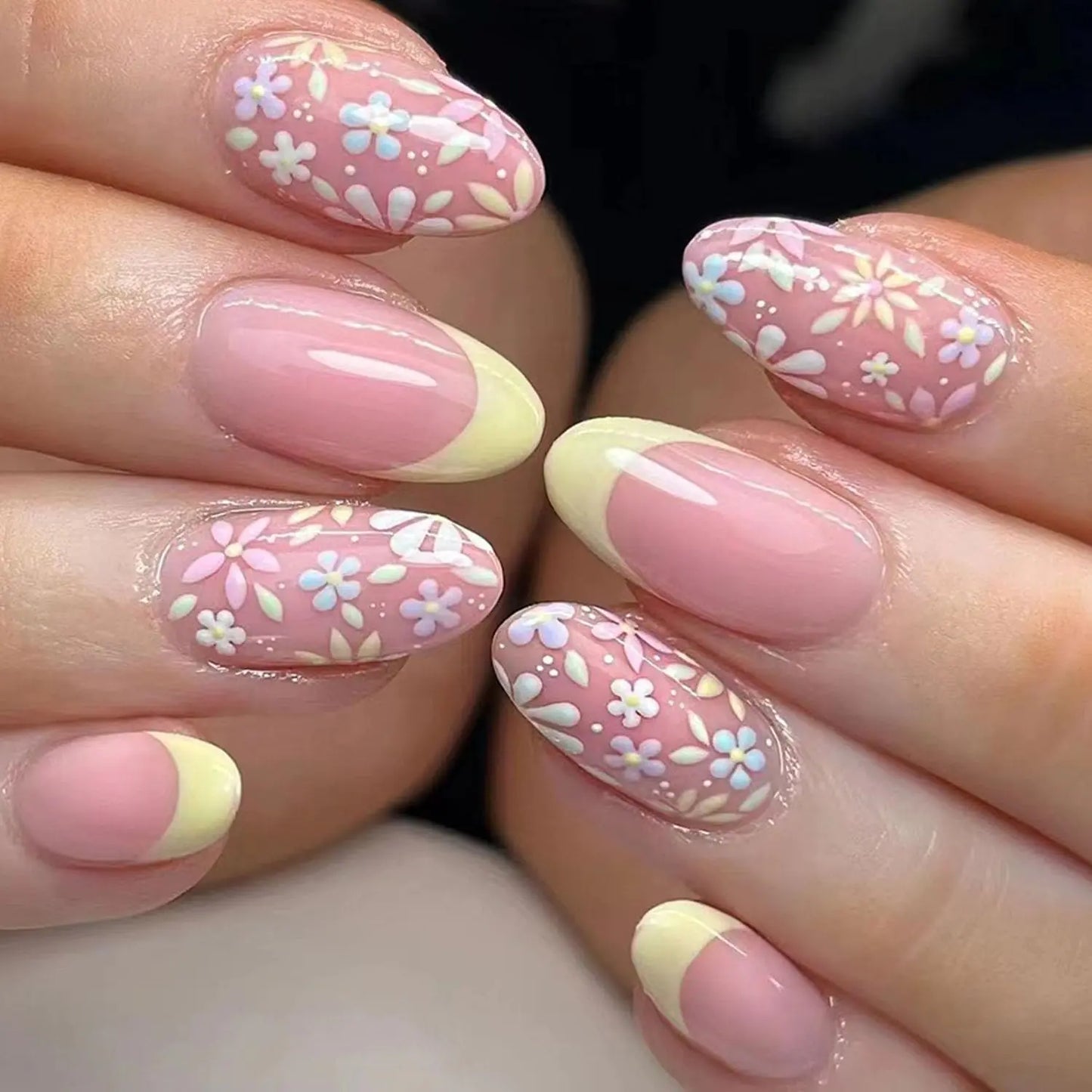 Short Press on Nails Almond Fake Nails Multicolor Flowers Glue on Nails Light Yellow French Acrylic Nails Light Pink Artificial Nails Spring Stick on Nails for Women 24 Pcs