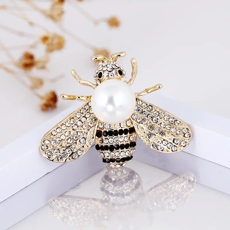 Shiny Bee Brooch with Large Faux Pearl - Unique Jewelry