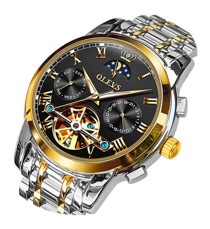 OLEVS Men Watch Automatic Mechanical Skeleton Moon Phase Dress Business Stainless Steel 3AT Waterproof Luminous Men Wrist Watch Black