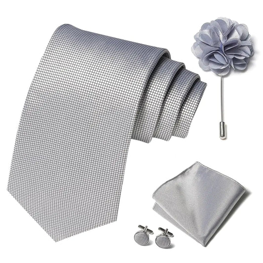 joy alice Solid Color Ties Set Men Handkerchief Cufflinks Brooch 3.15 inches Classic Formal Necktie Pocket Square Set (Sliver)