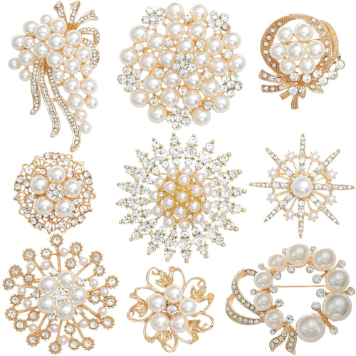 Achairder 9 Pack Gold Crystal Rhinestone Flower Brooch Pin Set for DIY Wedding Party Bouquets Embellishment Crafts Decor