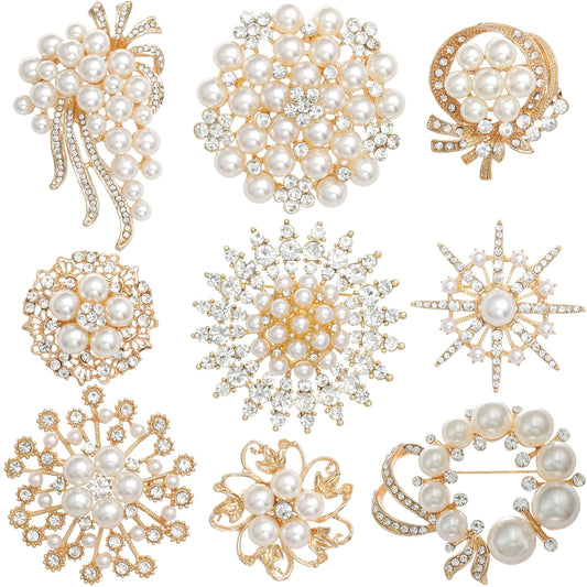 Achairder 9 Pack Gold Crystal Rhinestone Flower Brooch Pin Set for DIY Wedding Party Bouquets Embellishment Crafts Decor