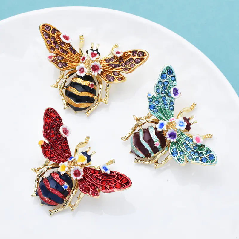 Vintage Hand-Painted Enamel Bee Flower Brooch