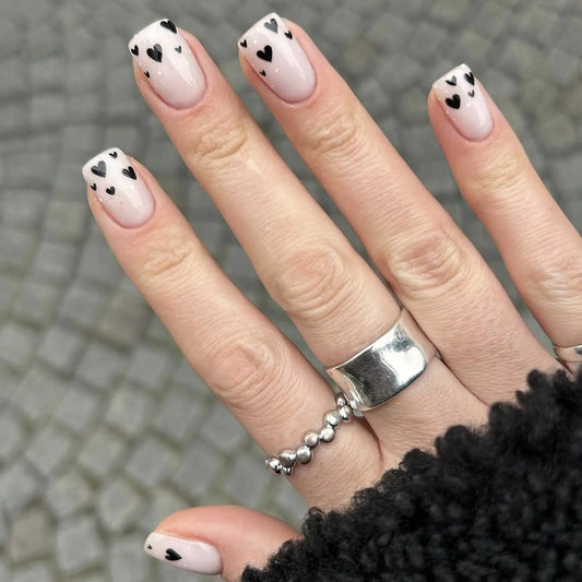 Valentines Day Press on Nails Medium Square Fake Nails White False Nails Black Heart Artificial Nails Full Cover Glue on Nails Cute Acrylic Nails Glossy Stick on Nails for Women Valentine Manicure