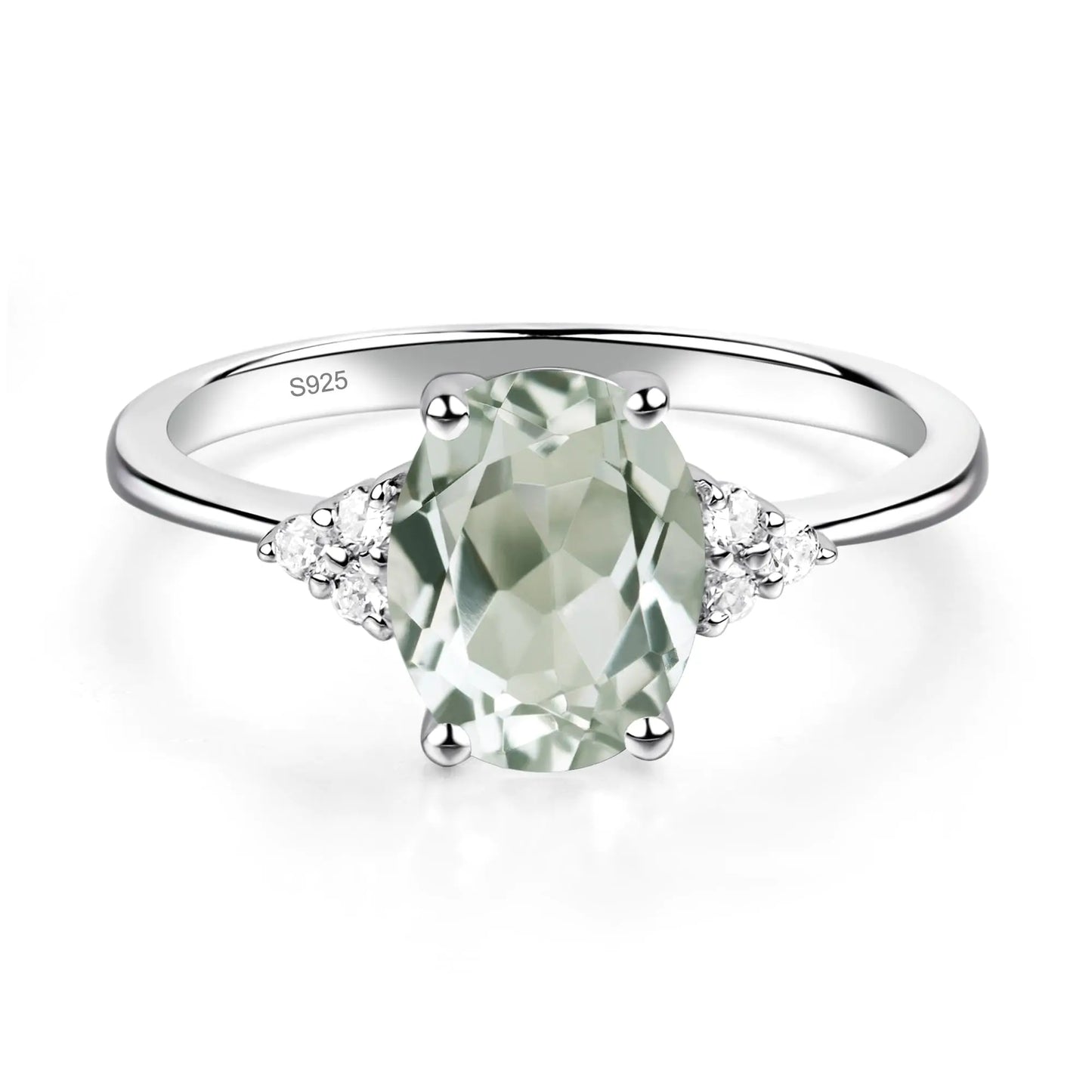 LUO S925 Sterling Silver Oval Shaped 1.77 Carats Green Amethyst Ring Promise Ring Engagement Ring for Women US Size 4