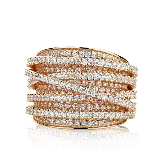 925 Sterling Silver Ring 14K Gold or Rose Gold Plated Crisscross Intertwined Design CZ Stone Beautiful Pave Ring 15mm 8
