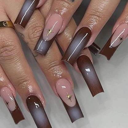 BABALAL Square Press on Nails Long Fake Nails Brown French Tip Stick on Nails Star Design Acrylic Nails 24Pcs Full Cover False Nails