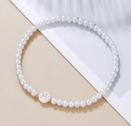 Dainty Faux Pearl Bead Initial Bracelet for Women