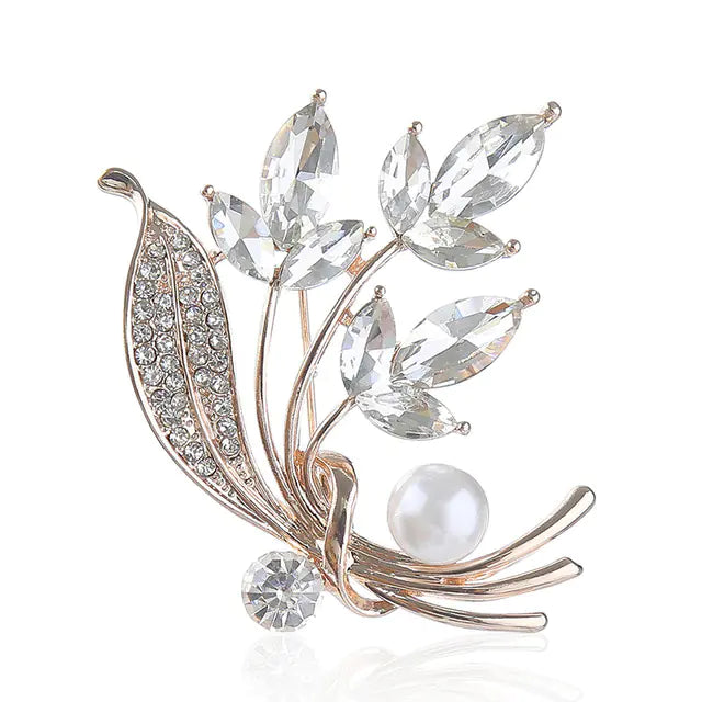 Elegant Blue Crystal Wheat Brooch with Pearl Corsage