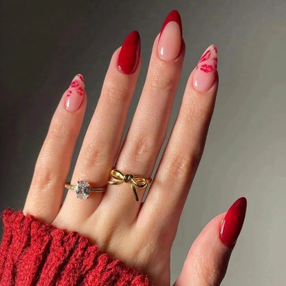 24Pcs Valentines Day Press on Nails Medium Almond Fake Nails French Tip Acrylic Nails Full Cover Red False Nails Sexy Lip Glue on Nails Stiletto Stick on Nails for Women Valentines Nails Decoration