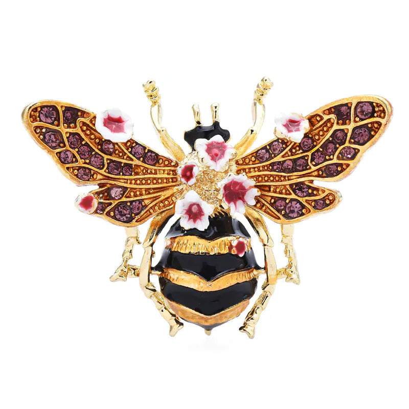 Vintage Hand-Painted Enamel Bee Flower Brooch