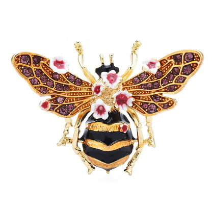 Vintage Hand-Painted Enamel Bee Flower Brooch
