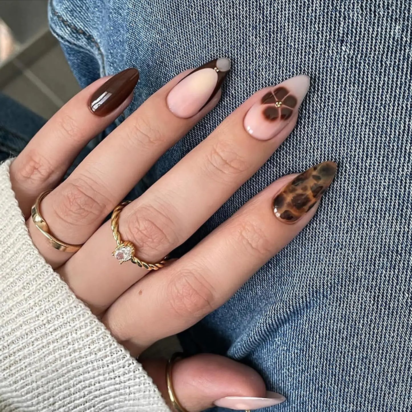 Fall Press on Nails Almond Brown Fake Nails Medium French Tip False Nails with Smudged Flowers Design Leopard Acrylic Nails Autumn Glue on Nails Glossy Almond Artificial Nails Stick on Nails for Women