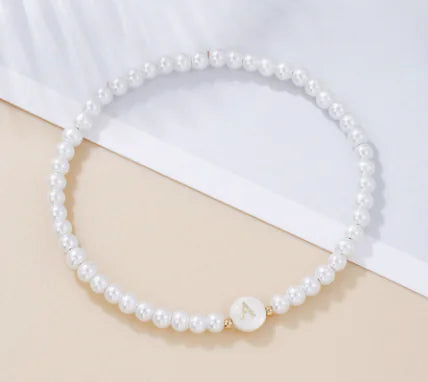 Dainty Faux Pearl Bead Initial Bracelet for Women