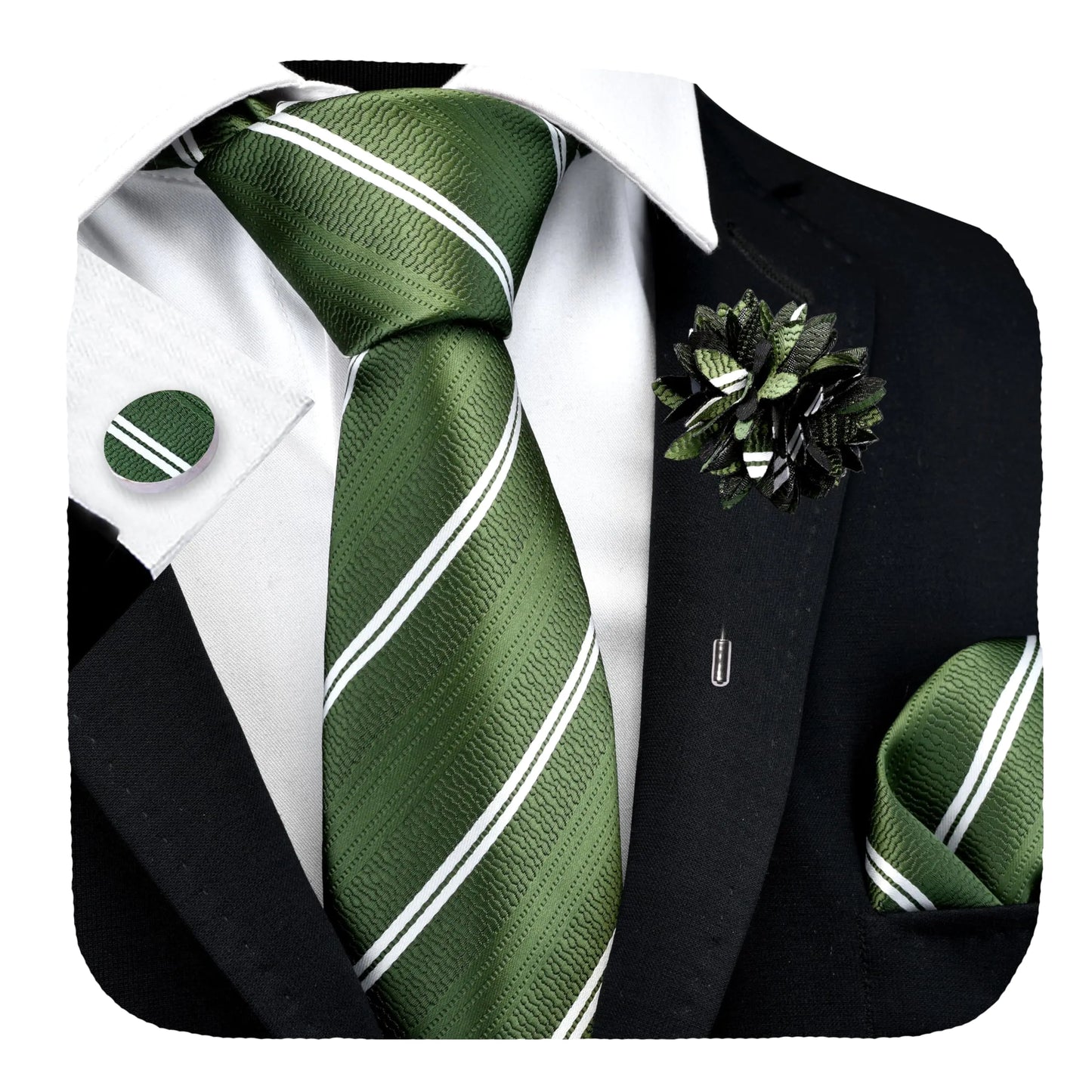 GUSLESON Olive Green Tie for Wedding Mens Silk White Striped Necktie Pocket Square Cufflinks and Lapel Pin Brooch Set (6108-40)