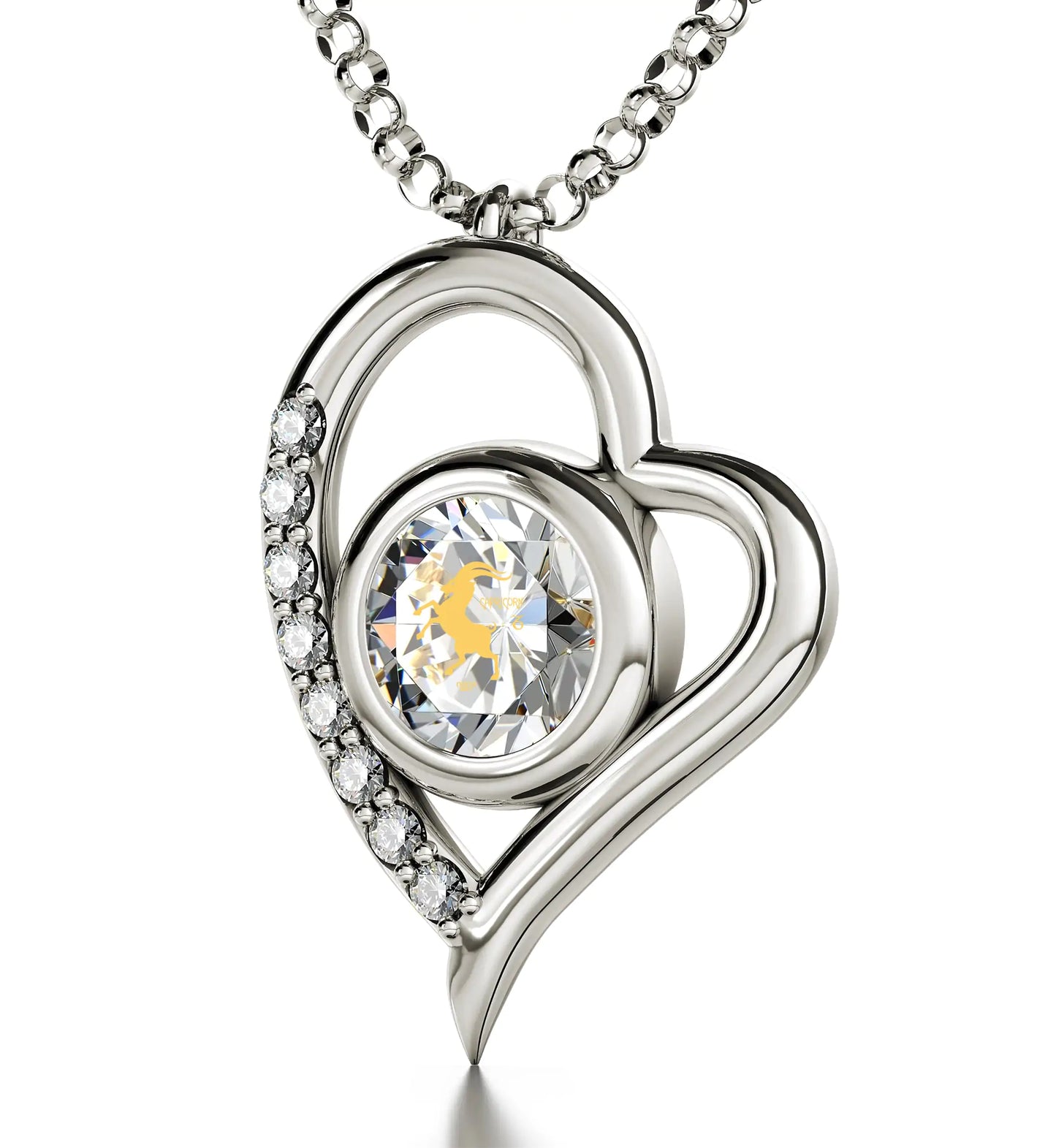 925 Sterling Silver Capricorn Necklace Zodiac Heart Pendant 24k Gold inscribed on Crystal