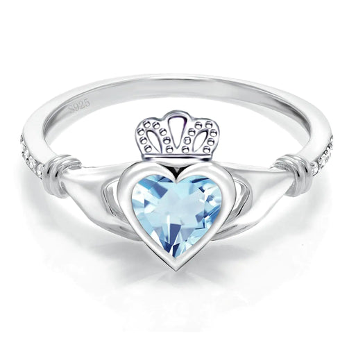 Sterling Silver Claddagh Ring for Women Irish Claddagh December Birthstone Ring with Aquamarine Celtic Knot Crown Engagement Ring for Women Anniversary Wedding Promise RingSize 8