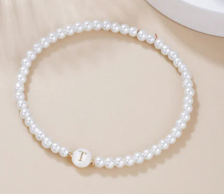 Dainty Faux Pearl Bead Initial Bracelet for Women