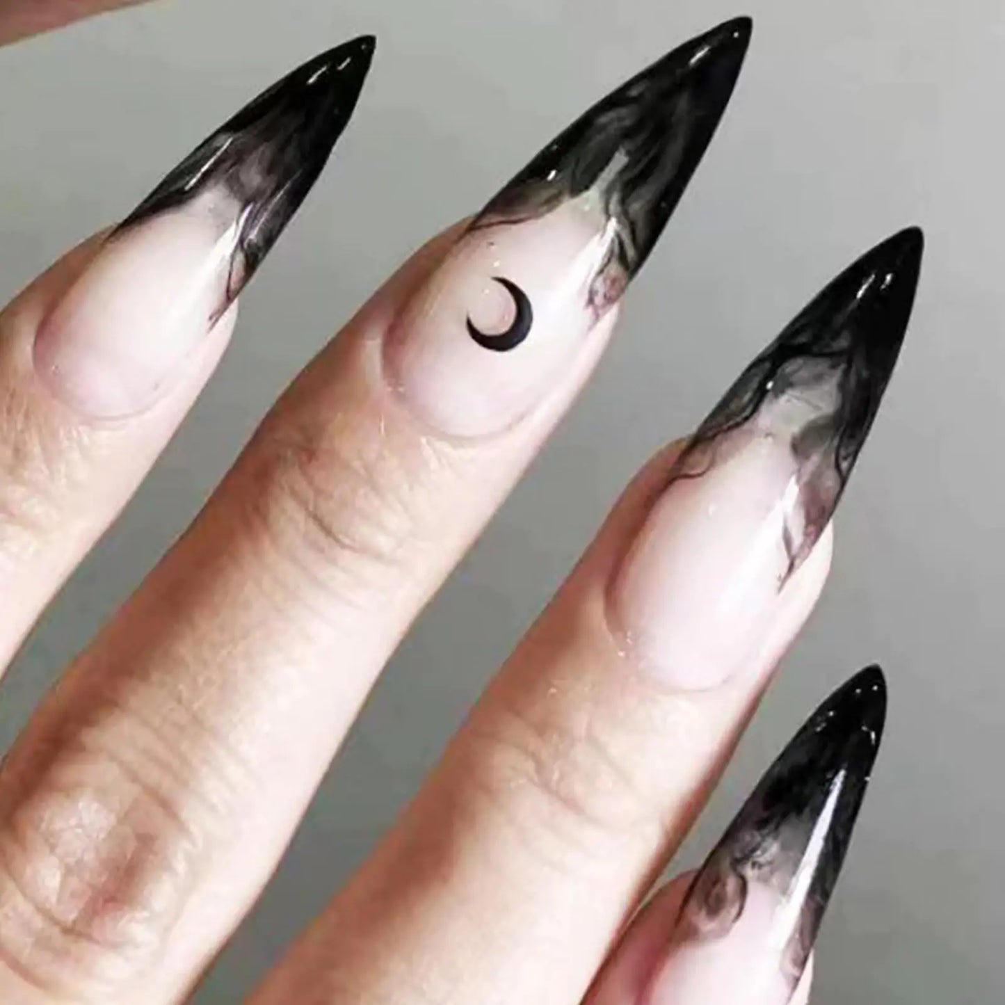 KKUUOO Halloween Press on Nails Gothic Fake Nails Medium Almond False Nails with Black French Tip Design Full Cover Stick on Nails Witch Nails Acrylic Nails Glossy Glue on Nails for Women Girls 24Pcs