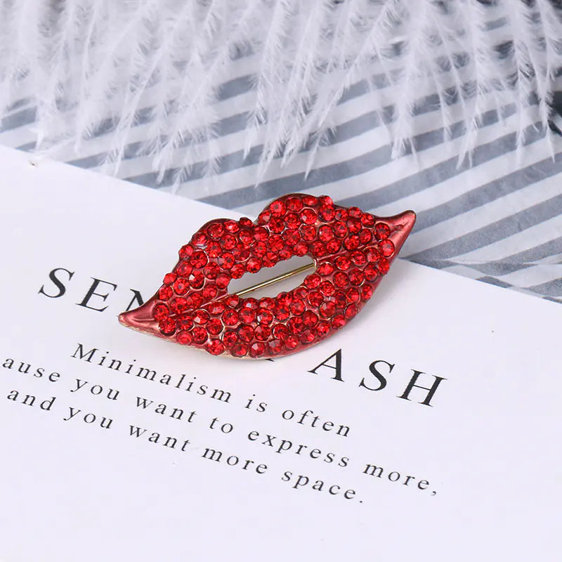 Fashion Rhinestone Red Lip Brooch for Women’s Apparel