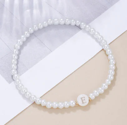 Dainty Faux Pearl Bead Initial Bracelet for Women