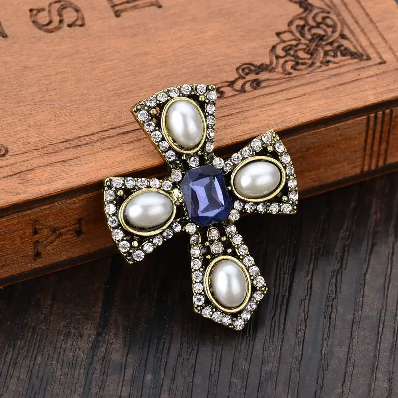 Vintage Pearl Brooch with Diamond Accent Cross Pin