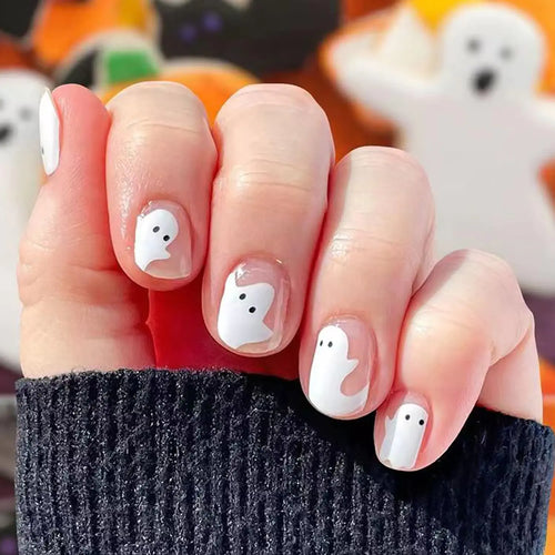 24Pcs BMKKOT Halloween Fake Nails Short Press on Nails Square Acrylic Nails with Cute Ghost Design Glue on Nails Nude Pink False Nails French Cute Halloween Nails Petite Short Coffin Artificial Nails