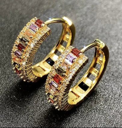18K Gold Hoop Earrings with Multicolor Stones (Pair)