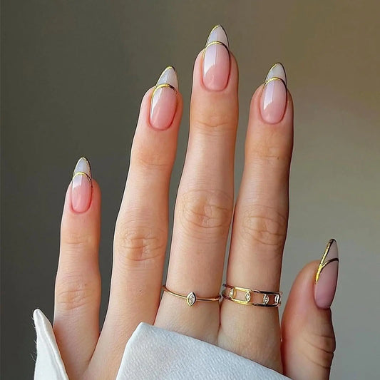 MISUD Press on Nails Medium Almond Fake Nails Glossy Glue on Nails Gold Chrome French Tip Acrylic Nails Stiletto Artificial Nails Nude False Nails with Design 24 pcs