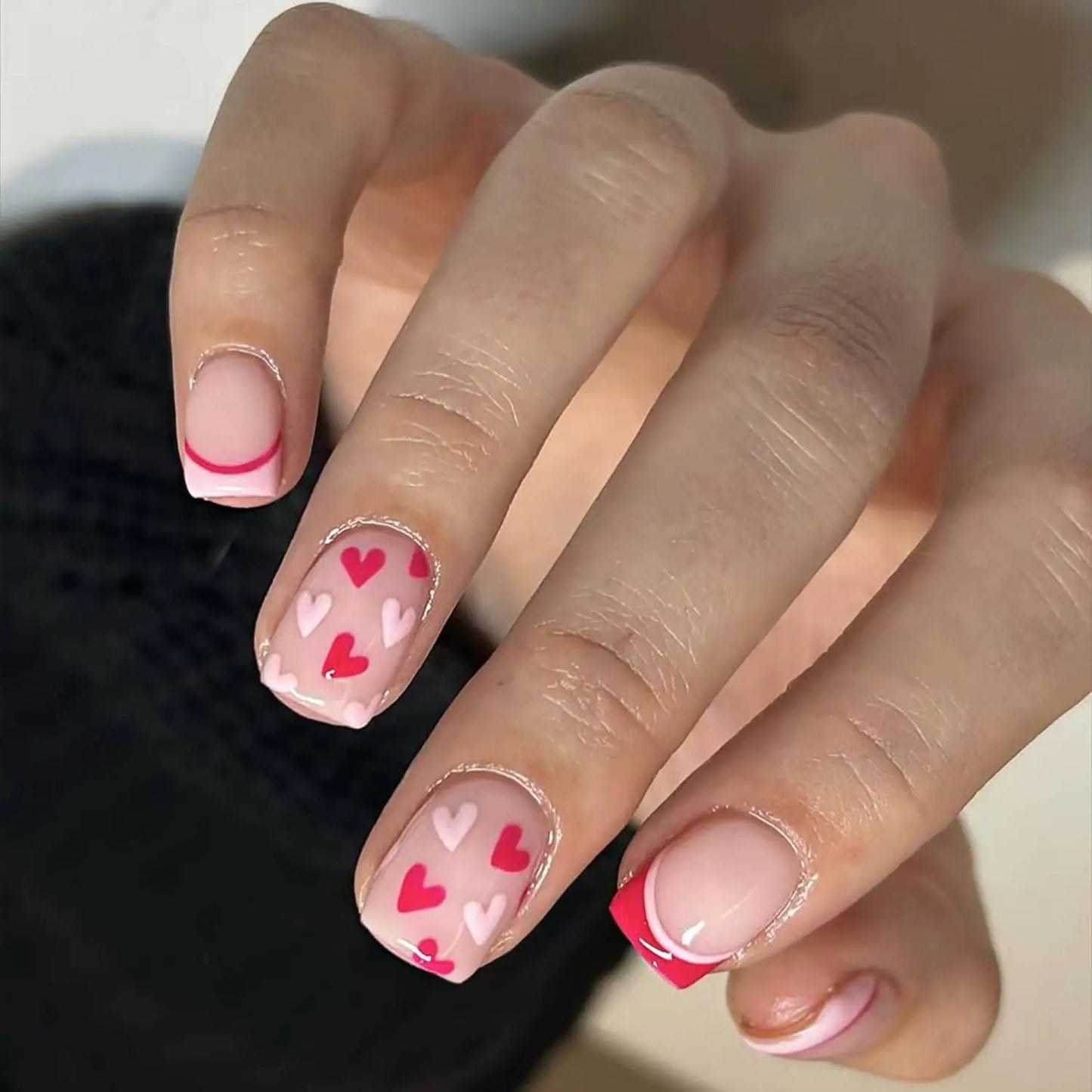 Valentines Nails Press Ons French Tip Short Press On Nails Square Fake Nails Full Cover False Nails With Heart Designs Acrylic Glossy Nails Full Cover Glue On Nails Stick On Nails For Women