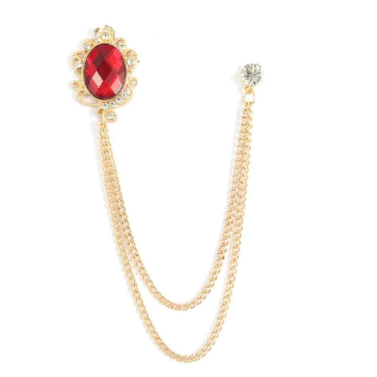 Mens Gem Tassel Brooch Lapel Pin Elegant Badge Hanging Chains Collar Brooches Pin for Career Suit Tuxedo of Shirts Tie Hat Scarf for Boyfriend Father Birthday (Gold with Red Crystal)