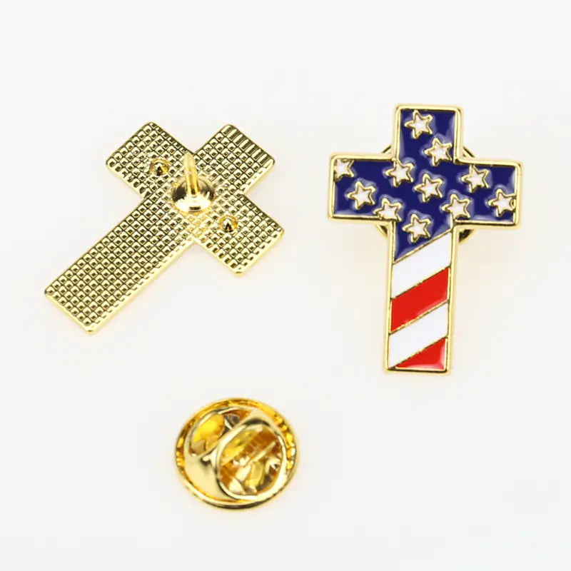 Zinc Alloy Cross American Flag Brooch for Men and Women