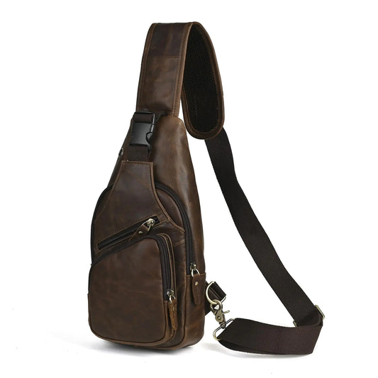 Leaokuu Men Fashion Casual Tea Designer Travel Hiking Crossbody Chest Sling Bag Rig One Shoulder Strap Bag Men Leather 8015
