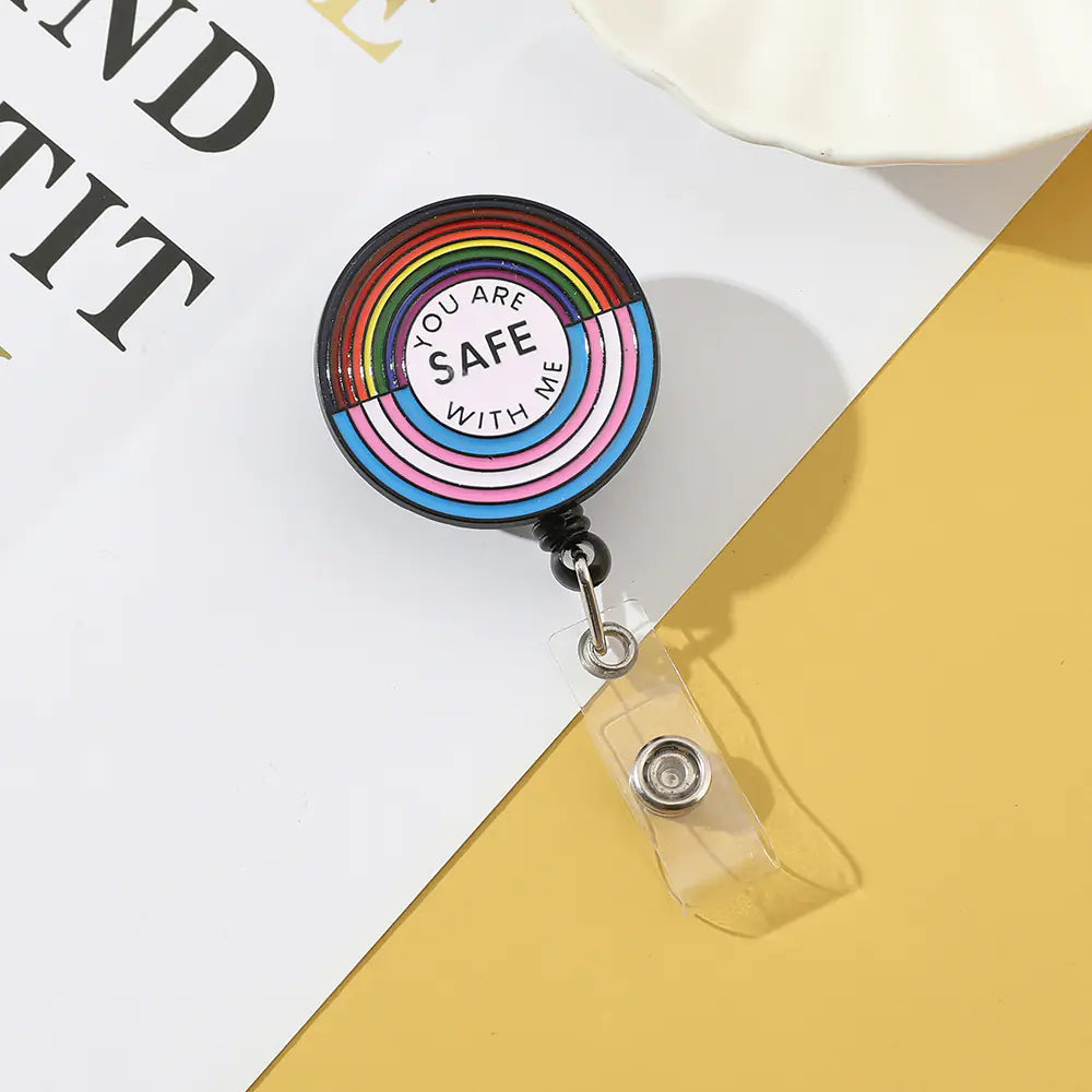 Retractable ABS Bag Charm with Rainbow Metal Brooch