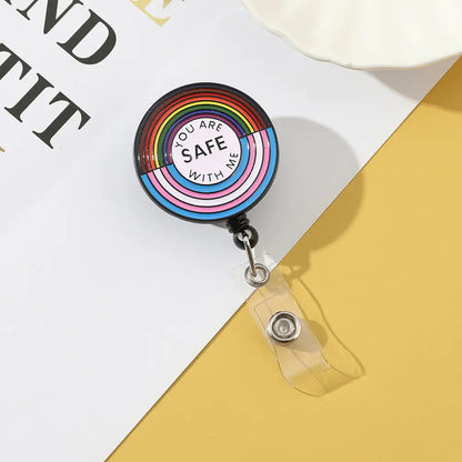Retractable ABS Bag Charm with Rainbow Metal Brooch